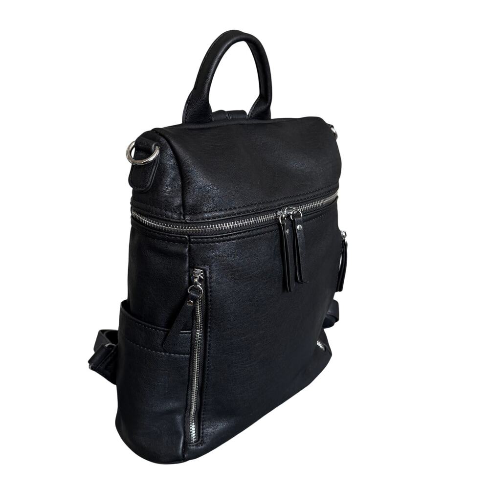 Mystique Black Faux Leather Convertible Backpack Purse with Front Zip Pockets - Picture 3 of 14